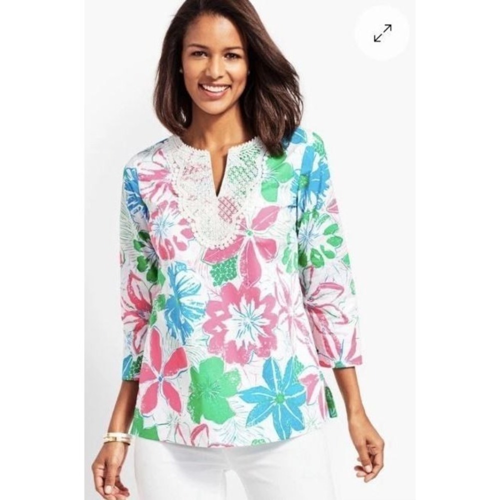 NEW Talbots Women's‎ 1X  Floral Popover Split Neck Cotton Blouse Lace Detail NWT